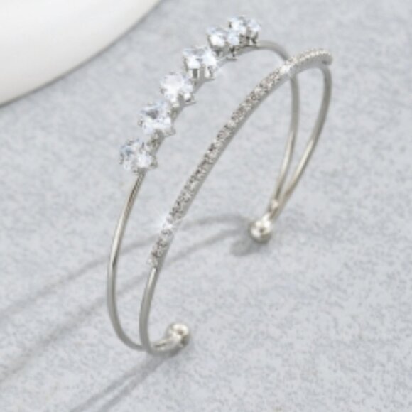 3/$35 Silver Tone Copper Cubic Zirconia Cuff Bangle Bracelet Two Rows Diamond - Picture 4 of 5